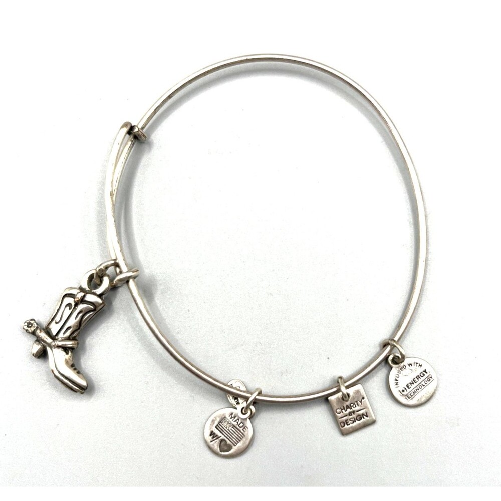 Alex and Ani Silver Tone Energy Charm Bangle Bracelet Cowboy Boot Recycling Sign